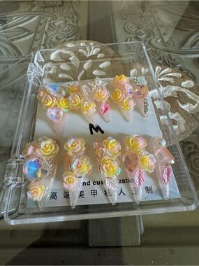 Bonitas Nails Iridescent Yellow Pink 3D Rose Acrylic Press-On Nail Set